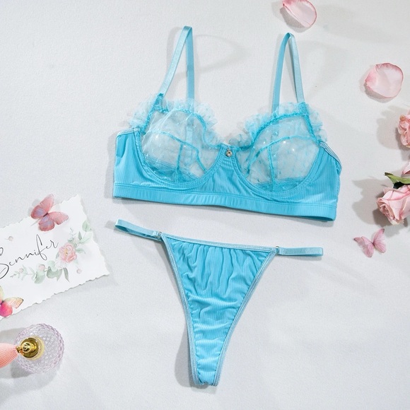 Classy Blue Lace Stretch Bra + Panty Set - Picture 8 of 16